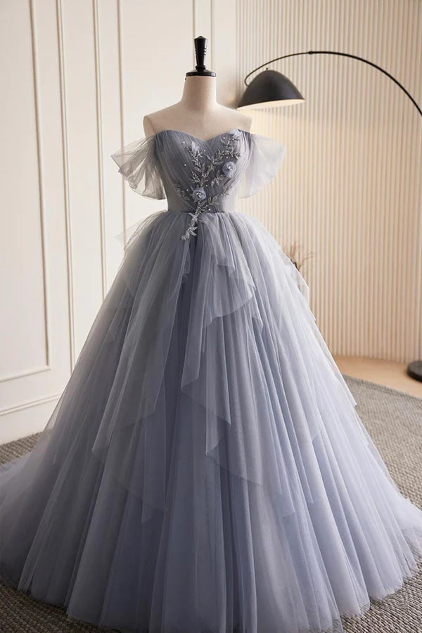 Wholesale Gray Tulle Long Prom Dress Off Shoulder Evening Dress Party Dress